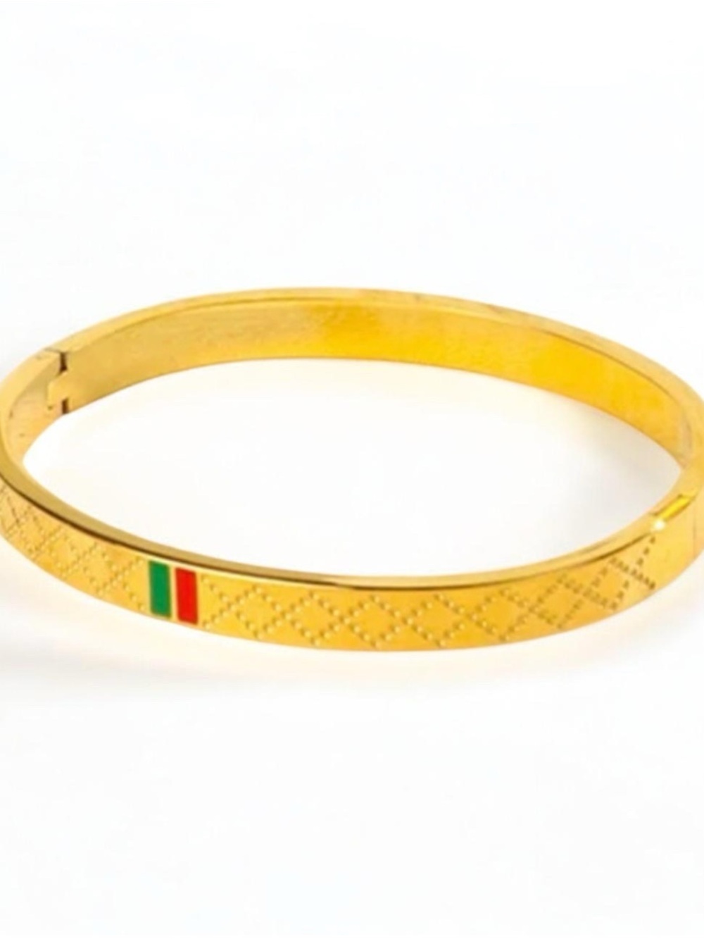 Gold Tone Hinged Bangle Bracelet with Green and Red Accent